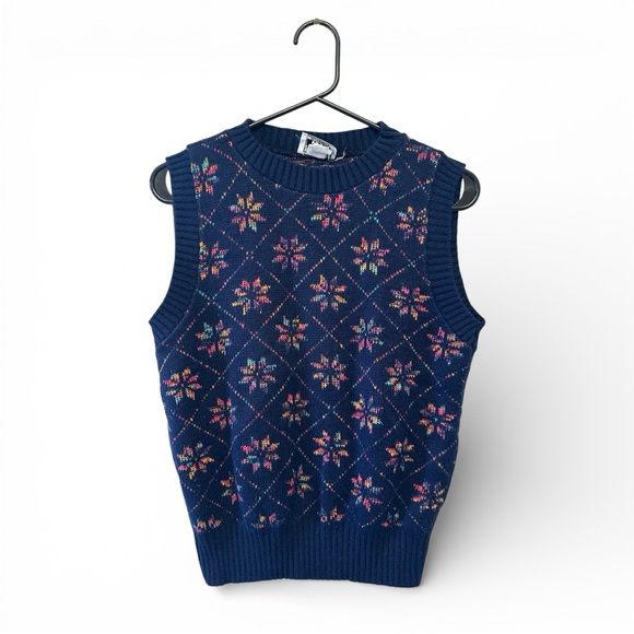 Vintage Sweaters - Vintage 90’s Keneth Too! Navy and Multicolor Patterned Knit Sweater Vest Small